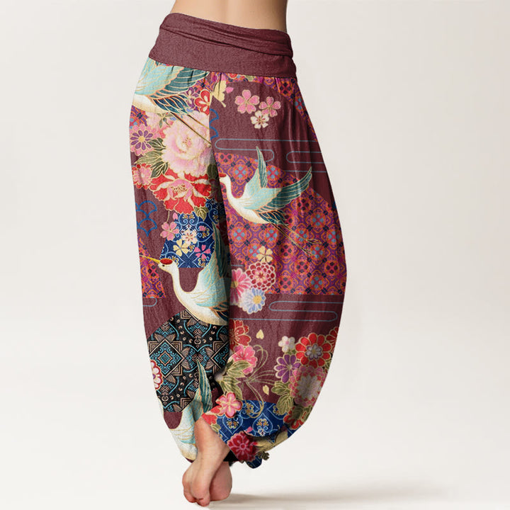 Buddha Stones Crane Flower Pattern Women's Elastic Waist Harem Pants - image 5