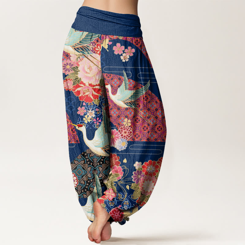 Buddha Stones Crane Flower Pattern Women's Elastic Waist Harem Pants - image 8