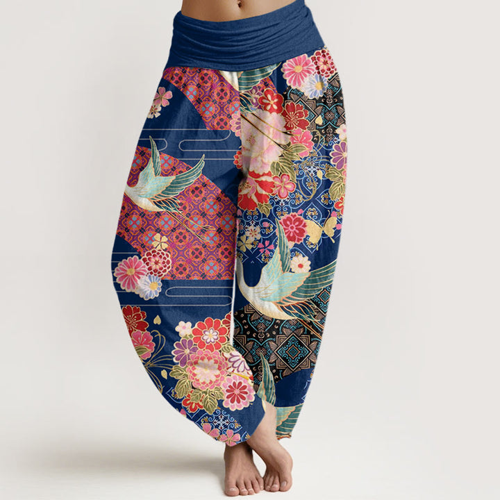 Buddha Stones Crane Flower Pattern Women's Elastic Waist Harem Pants - SteelBlue - US22，UK/AU26，EU54 (6XL) - image 7