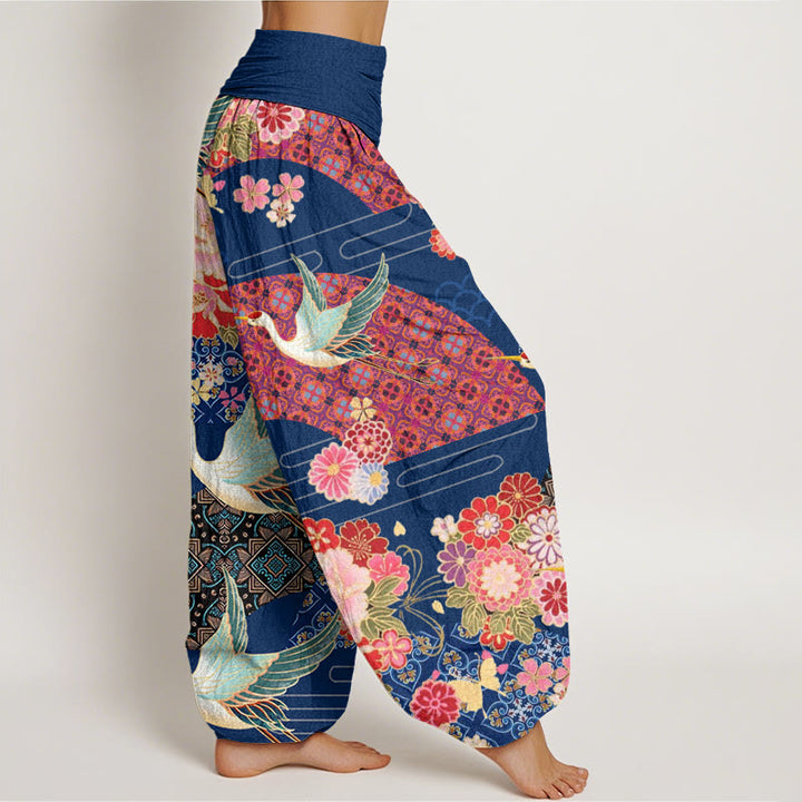 Buddha Stones Crane Flower Pattern Women's Elastic Waist Harem Pants - image 9