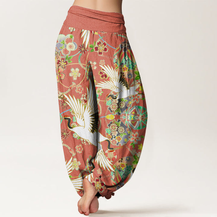 Buddha Stones Casual Crane Floral Geometric Pattern Elastic Waist Women's Harem Pants - image 5