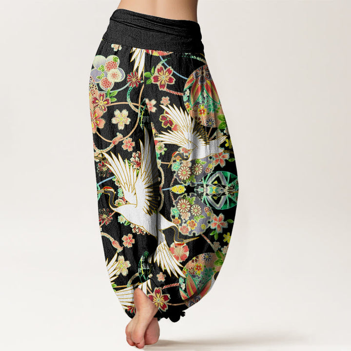Buddha Stones Casual Crane Floral Geometric Pattern Elastic Waist Women's Harem Pants - image 8