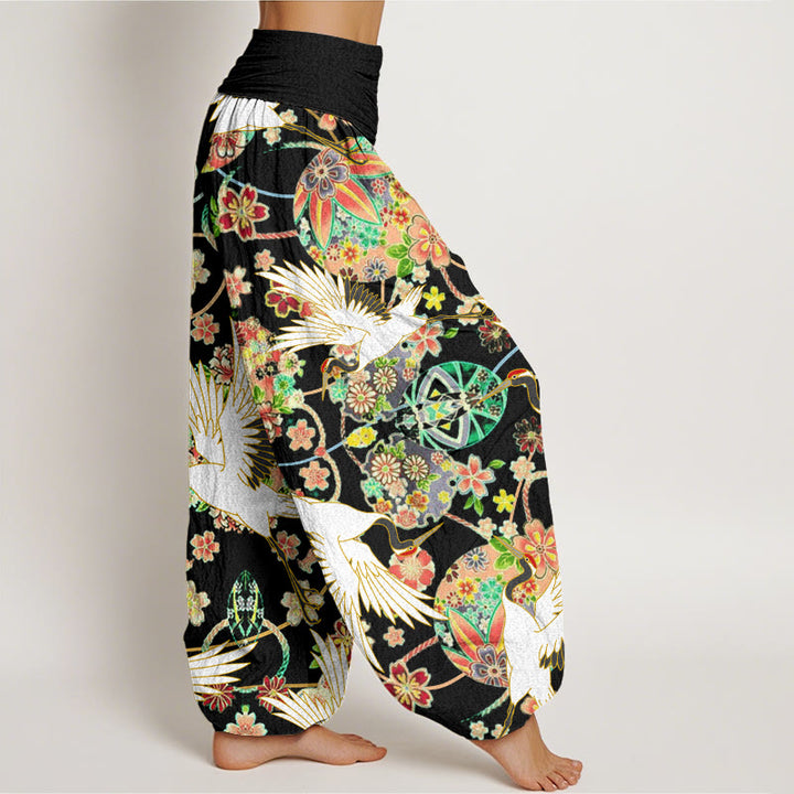 Buddha Stones Casual Crane Floral Geometric Pattern Elastic Waist Women's Harem Pants - image 9