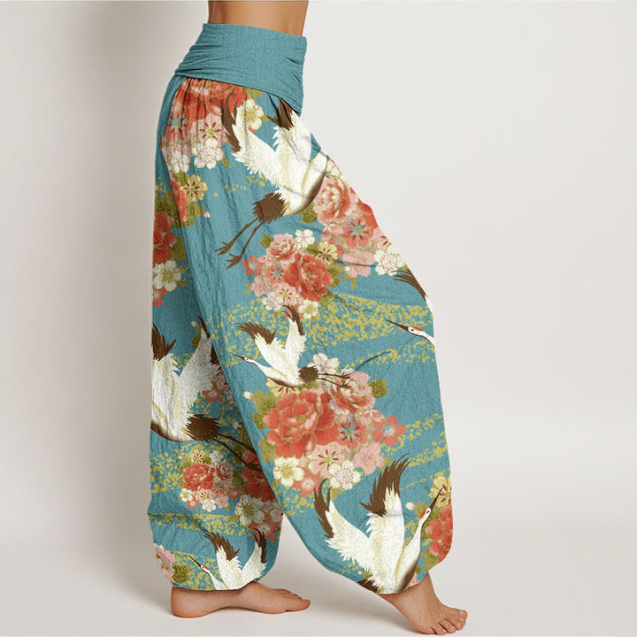 Buddha Stones Casual Crane Peony Cherry Blossom Pattern Elastic Waist Women's Harem Pants - image 2