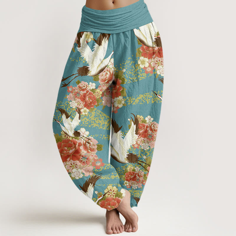 Buddha Stones Casual Crane Peony Cherry Blossom Pattern Elastic Waist Women's Harem Pants - MediumTurquoise - US22，UK/AU26，EU54 (6XL) - image 0
