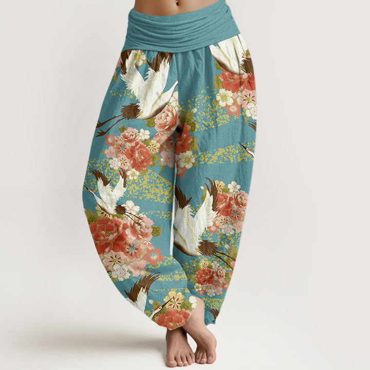 Buddha Stones Casual Crane Peony Cherry Blossom Pattern Elastic Waist Women's Harem Pants - MediumTurquoise - US22，UK/AU26，EU54 (6XL) - image 0