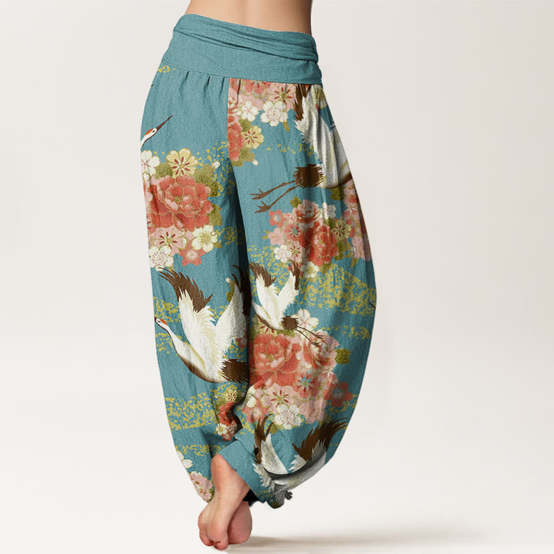 Buddha Stones Casual Crane Peony Cherry Blossom Pattern Elastic Waist Women's Harem Pants - image 1