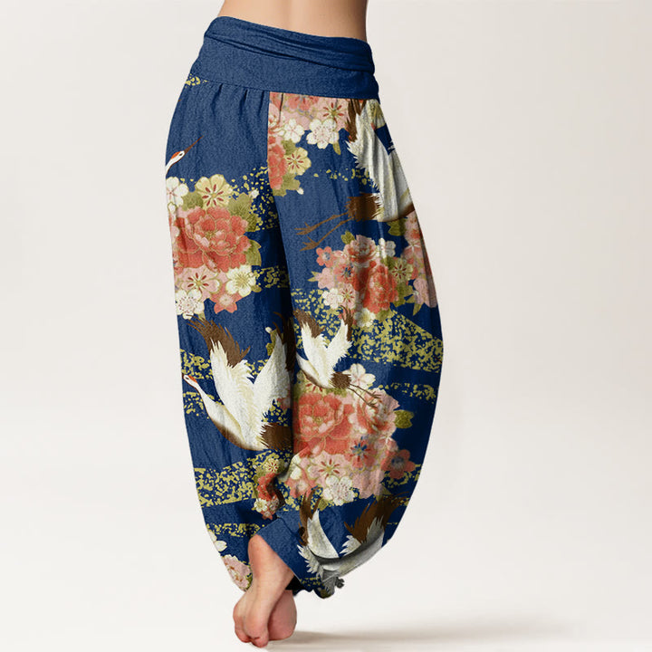 Buddha Stones Casual Crane Peony Cherry Blossom Pattern Elastic Waist Women's Harem Pants - image 5