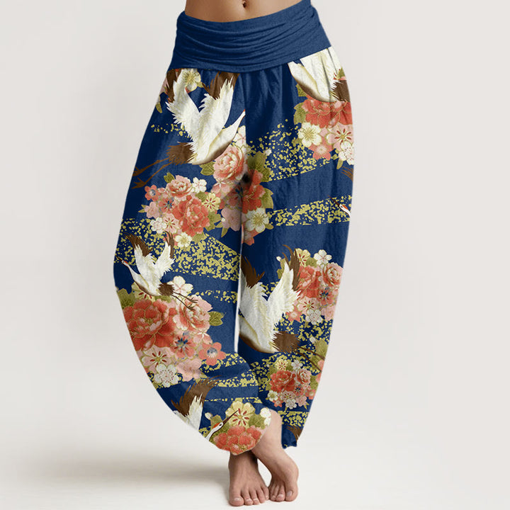 Buddha Stones Casual Crane Peony Cherry Blossom Pattern Elastic Waist Women's Harem Pants - DarkBlue - US22，UK/AU26，EU54 (6XL) - image 4