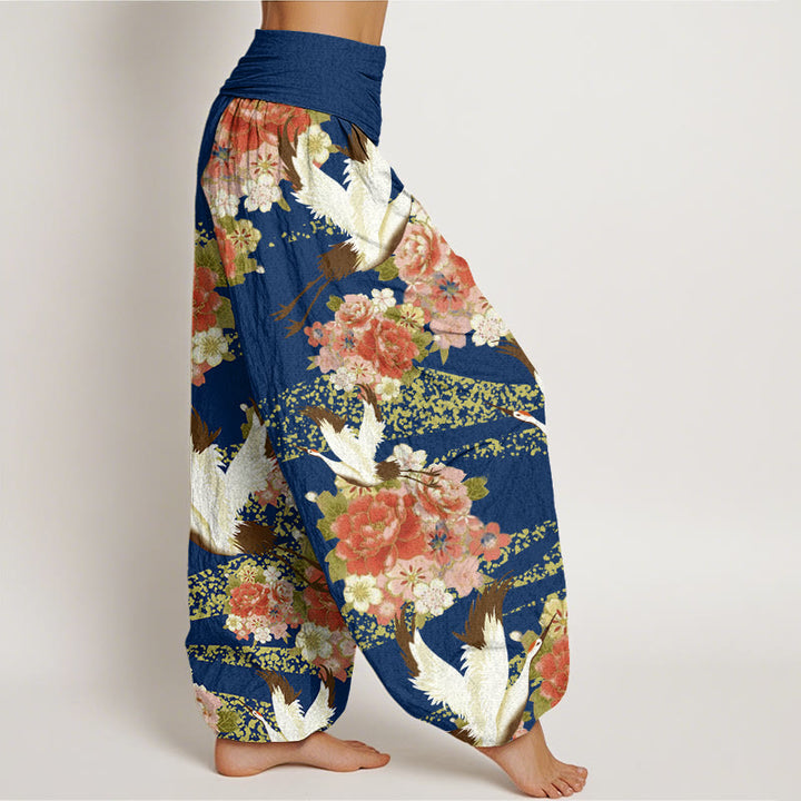 Buddha Stones Casual Crane Peony Cherry Blossom Pattern Elastic Waist Women's Harem Pants - image 6