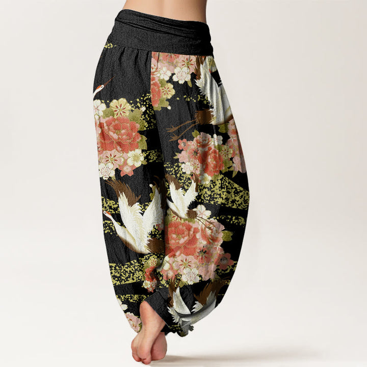 Buddha Stones Casual Crane Peony Cherry Blossom Pattern Elastic Waist Women's Harem Pants - image 8