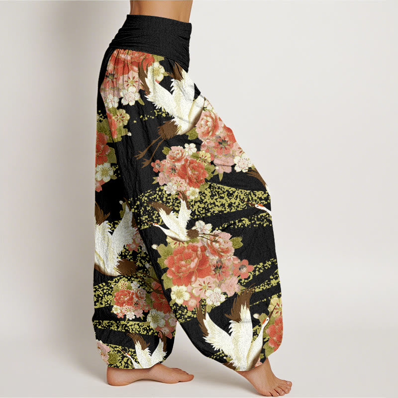Buddha Stones Casual Crane Peony Cherry Blossom Pattern Elastic Waist Women's Harem Pants - image 9