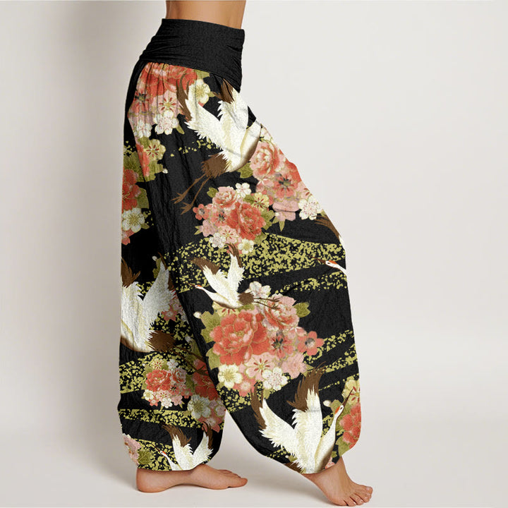 Buddha Stones Casual Crane Peony Cherry Blossom Pattern Elastic Waist Women's Harem Pants - image 9
