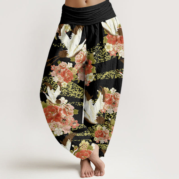 Buddha Stones Casual Crane Peony Cherry Blossom Pattern Elastic Waist Women's Harem Pants - Black - US22，UK/AU26，EU54 (6XL) - image 7