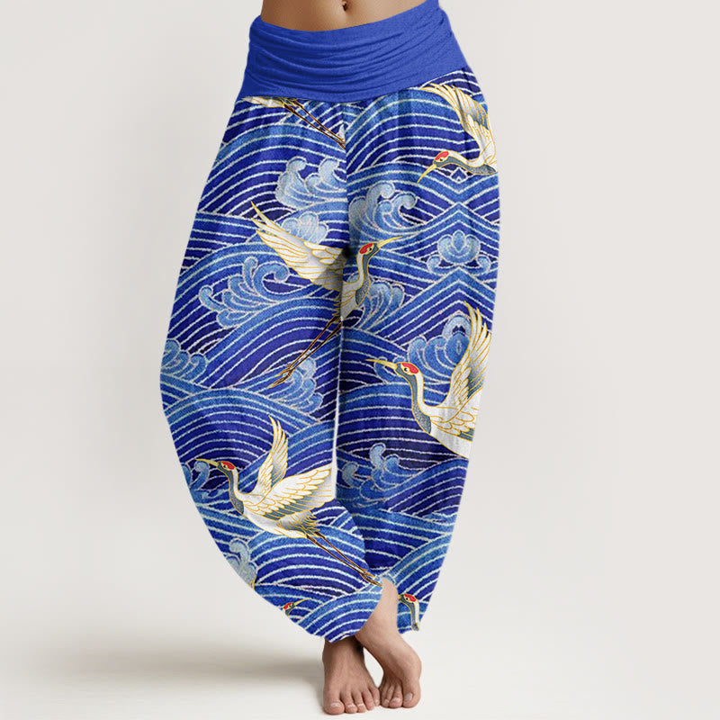 Buddha Stones Casual Crane Ocean Waves Pattern Elastic Waist Women's Harem Pants - SlateBlue - US22，UK/AU26，EU54 (6XL) - image 0