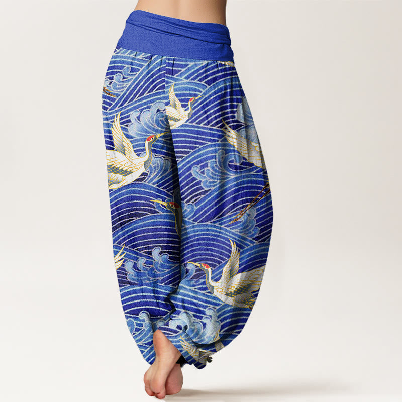 Buddha Stones Casual Crane Ocean Waves Pattern Elastic Waist Women's Harem Pants - image 1