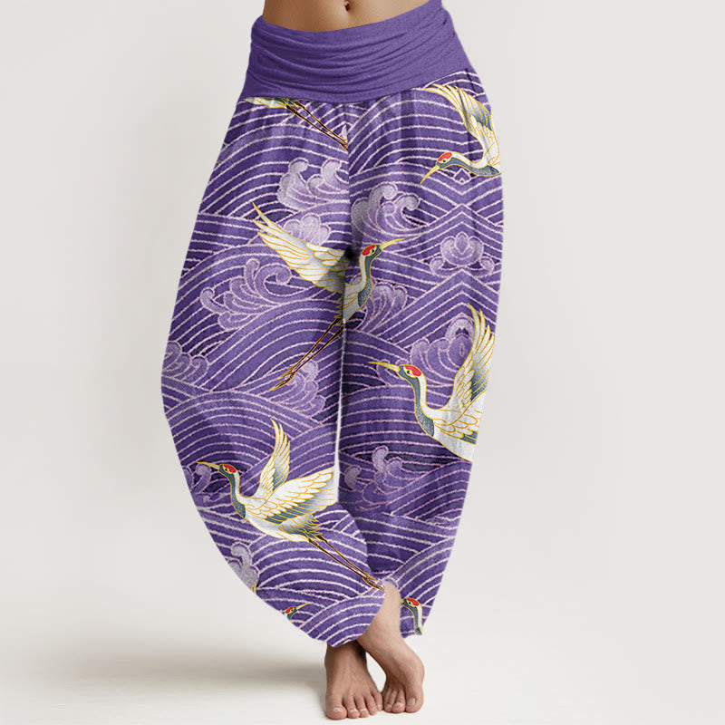 Buddha Stones Casual Crane Ocean Waves Pattern Elastic Waist Women's Harem Pants - DarkOrchid - US22，UK/AU26，EU54 (6XL) - image 7