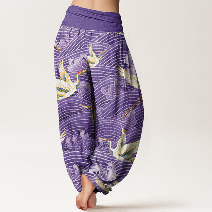 Buddha Stones Casual Crane Ocean Waves Pattern Elastic Waist Women's Harem Pants - image 8
