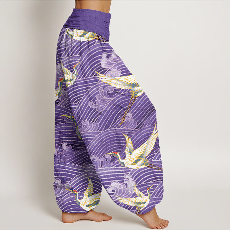 Buddha Stones Casual Crane Ocean Waves Pattern Elastic Waist Women's Harem Pants - image 9