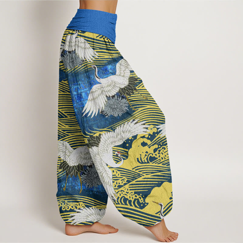 Buddha Stones Casual Crane Ocean Waves Chrysanthemum Pattern Women's Elastic Waist Harem Pants - image 2