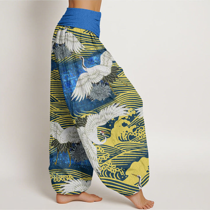 Buddha Stones Casual Crane Ocean Waves Chrysanthemum Pattern Women's Elastic Waist Harem Pants - image 2