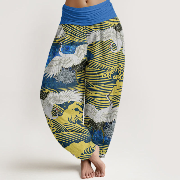 Buddha Stones Casual Crane Ocean Waves Chrysanthemum Pattern Women's Elastic Waist Harem Pants - DodgerBlue - US22，UK/AU26，EU54 (6XL) - image 0