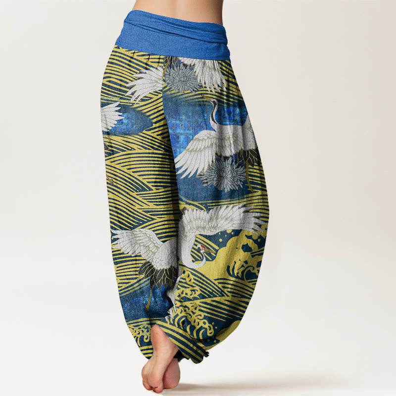 Buddha Stones Casual Crane Ocean Waves Chrysanthemum Pattern Women's Elastic Waist Harem Pants - image 1