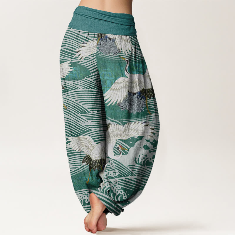 Buddha Stones Casual Crane Ocean Waves Chrysanthemum Pattern Women's Elastic Waist Harem Pants - image 5