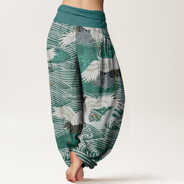 Buddha Stones Casual Crane Ocean Waves Chrysanthemum Pattern Women's Elastic Waist Harem Pants - image 5