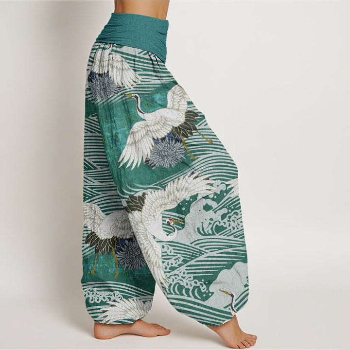 Buddha Stones Casual Crane Ocean Waves Chrysanthemum Pattern Women's Elastic Waist Harem Pants - image 6