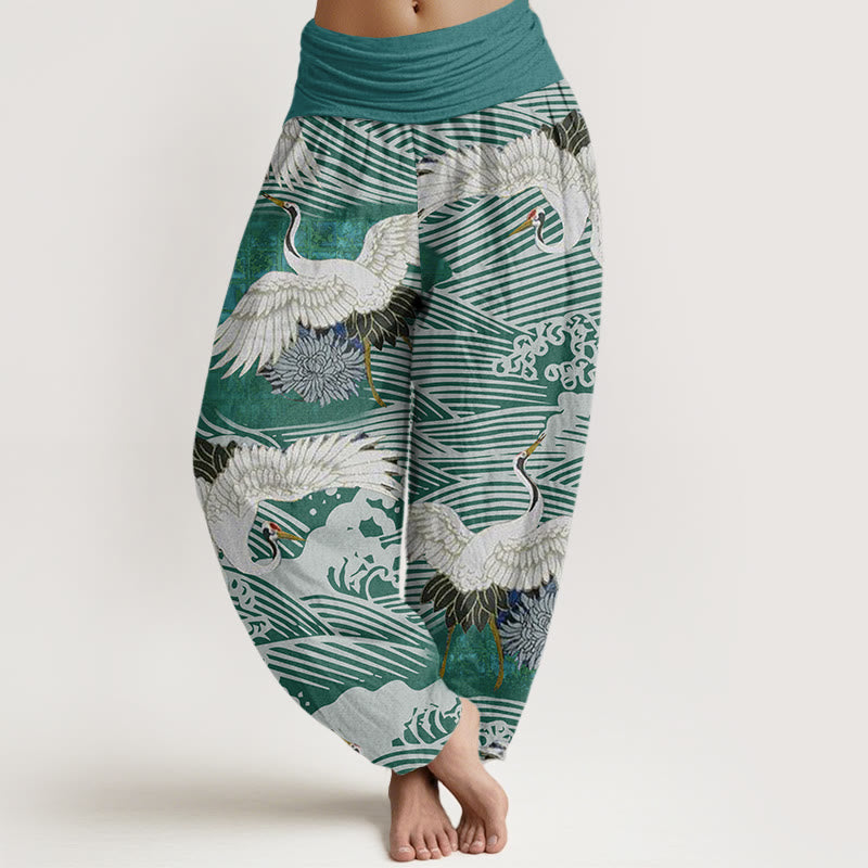 Buddha Stones Casual Crane Ocean Waves Chrysanthemum Pattern Women's Elastic Waist Harem Pants - LightSeaGreen - US22，UK/AU26，EU54 (6XL) - image 4