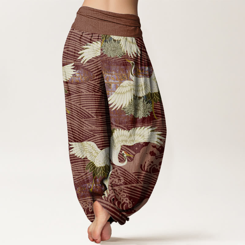 Buddha Stones Casual Crane Ocean Waves Chrysanthemum Pattern Women's Elastic Waist Harem Pants - image 8