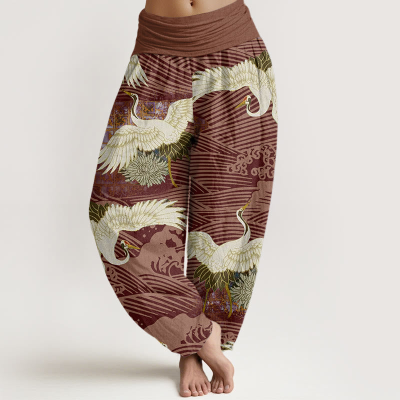 Buddha Stones Casual Crane Ocean Waves Chrysanthemum Pattern Women's Elastic Waist Harem Pants - Sienna - US22，UK/AU26，EU54 (6XL) - image 7