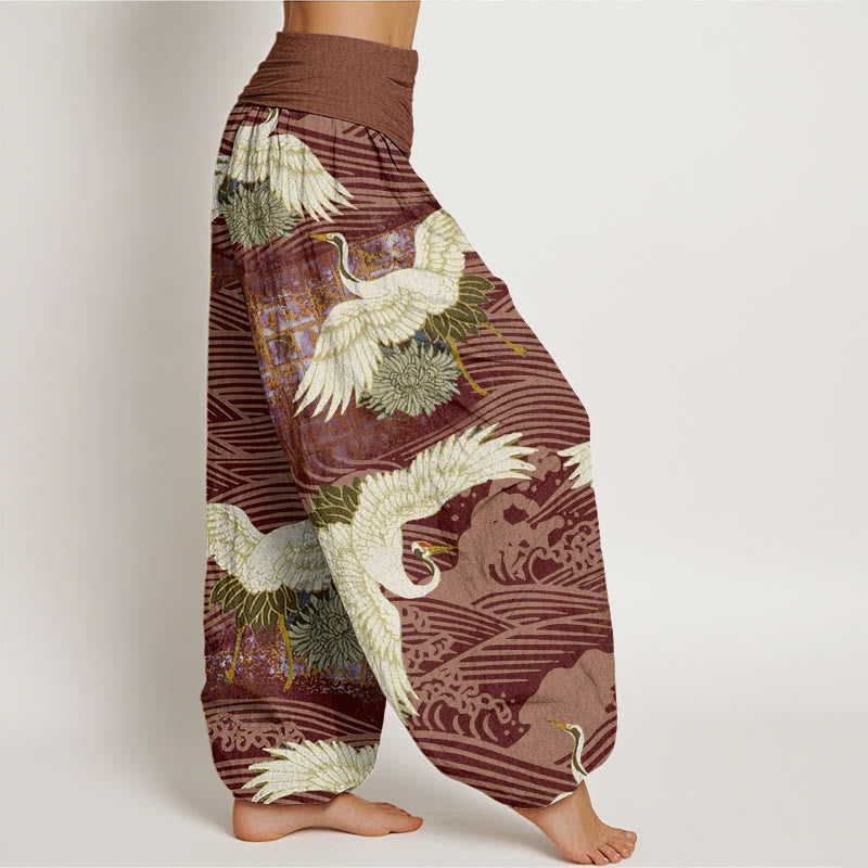 Buddha Stones Casual Crane Ocean Waves Chrysanthemum Pattern Women's Elastic Waist Harem Pants - image 9