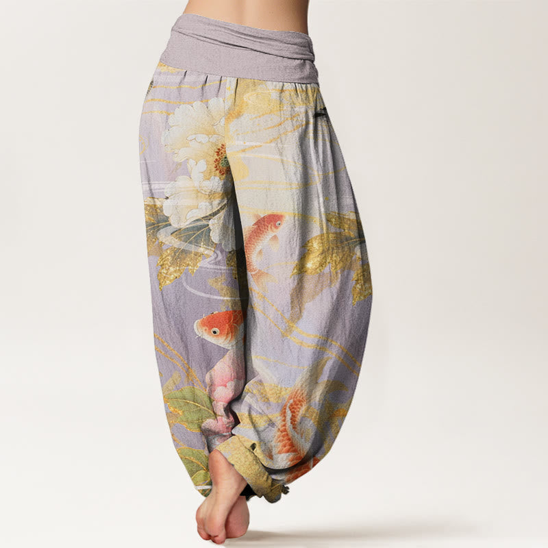 Buddha Stones Casual Peony Koi Fish Golden-Edged Leaves Pattern Women's Elastic Waist Harem Pants - image 1