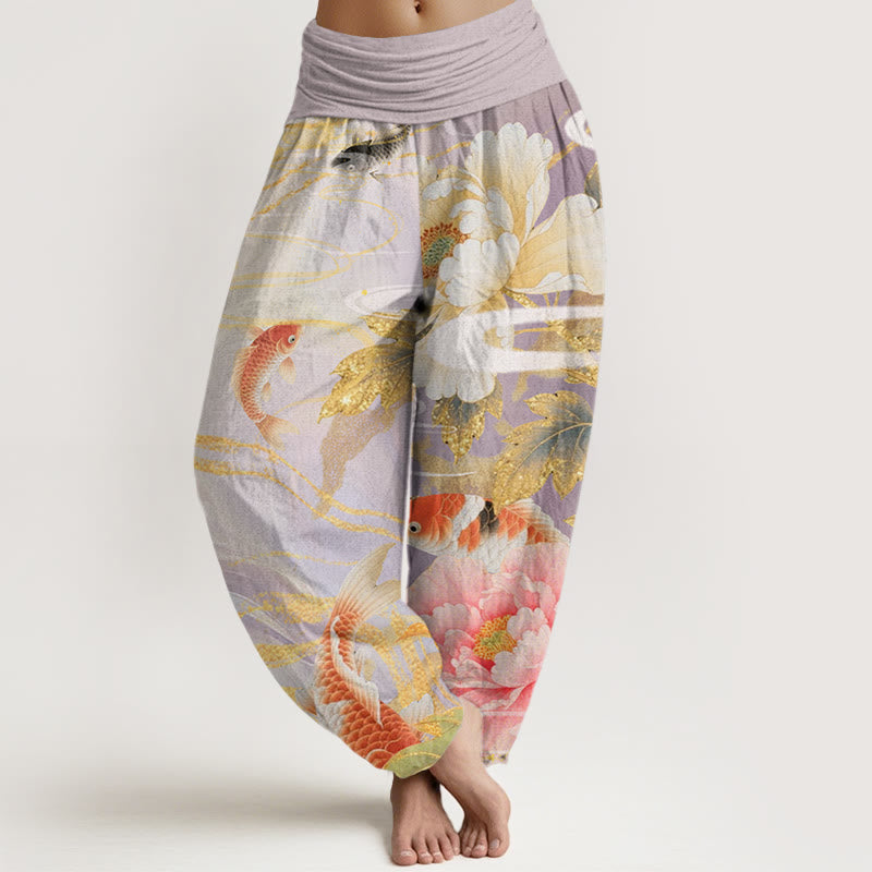 Buddha Stones Casual Peony Koi Fish Golden-Edged Leaves Pattern Women's Elastic Waist Harem Pants - Thistle - US22，UK/AU26，EU54 (6XL) - image 0