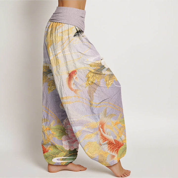 Buddha Stones Casual Peony Koi Fish Golden-Edged Leaves Pattern Women's Elastic Waist Harem Pants - image 2