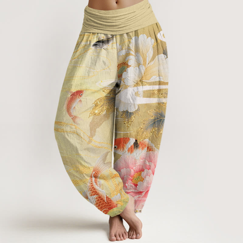 Buddha Stones Casual Peony Koi Fish Golden-Edged Leaves Pattern Women's Elastic Waist Harem Pants - Khaki - US22，UK/AU26，EU54 (6XL) - image 4