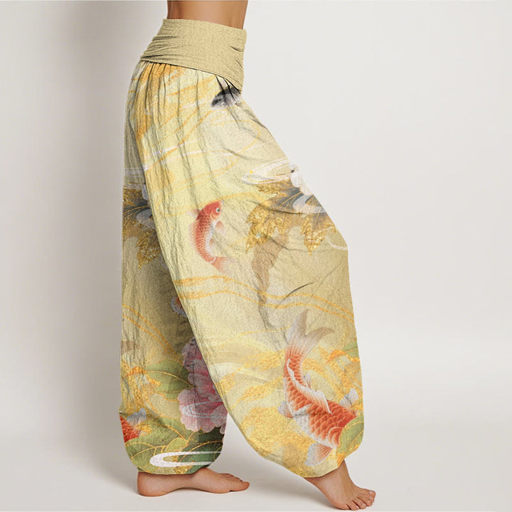 Buddha Stones Casual Peony Koi Fish Golden-Edged Leaves Pattern Women's Elastic Waist Harem Pants - image 6