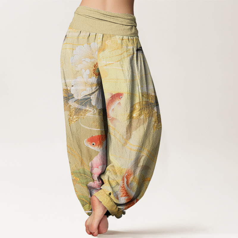 Buddha Stones Casual Peony Koi Fish Golden-Edged Leaves Pattern Women's Elastic Waist Harem Pants - image 5