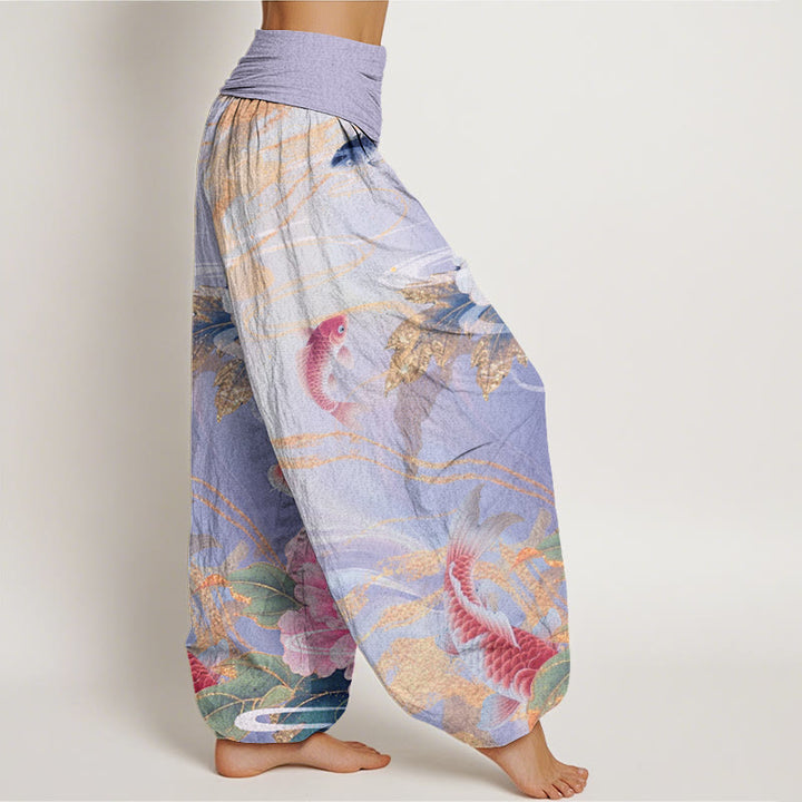Buddha Stones Casual Peony Koi Fish Golden-Edged Leaves Pattern Women's Elastic Waist Harem Pants - image 9