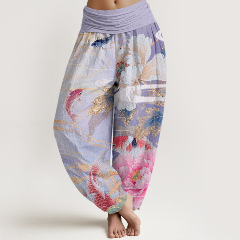 Buddha Stones Casual Peony Koi Fish Golden-Edged Leaves Pattern Women's Elastic Waist Harem Pants - Plum - US22，UK/AU26，EU54 (6XL) - image 7