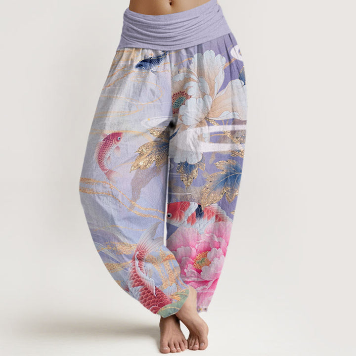 Buddha Stones Casual Peony Koi Fish Golden-Edged Leaves Pattern Women's Elastic Waist Harem Pants - Plum - US22，UK/AU26，EU54 (6XL) - image 7