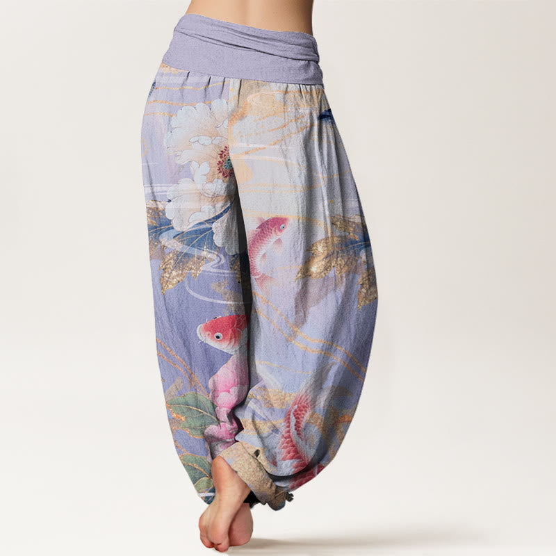 Buddha Stones Casual Peony Koi Fish Golden-Edged Leaves Pattern Women's Elastic Waist Harem Pants - image 8