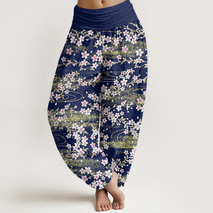 Buddha Stones Casual Cherry Blossom Water Pattern Women's Elastic Waist Harem Pants - MidnightBlue - US22，UK/AU26，EU54 (6XL) - image 0