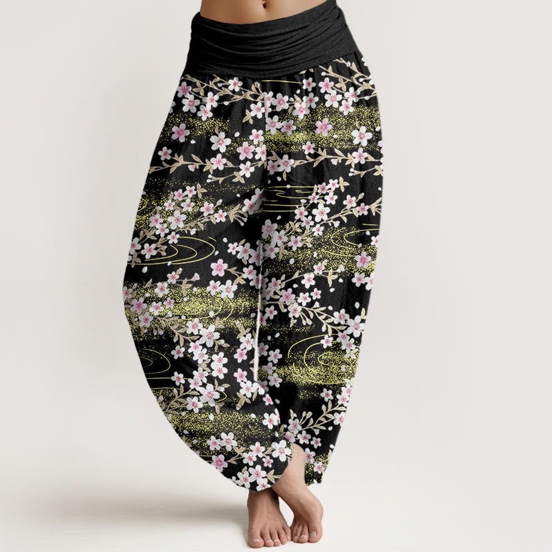Buddha Stones Casual Cherry Blossom Water Pattern Women's Elastic Waist Harem Pants - Black - US22，UK/AU26，EU54 (6XL) - image 7