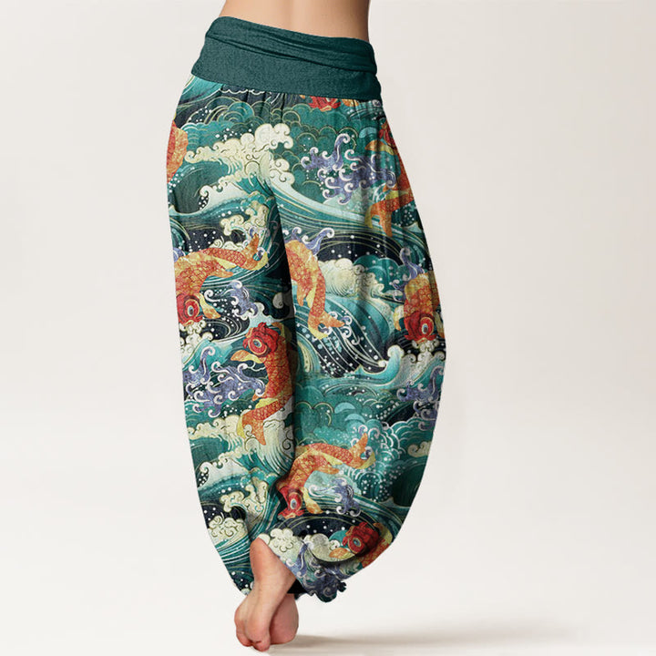 Buddha Stones Casual Koi Fish Ocean Waves Pattern Women's Elastic Waist Harem Pants - image 1