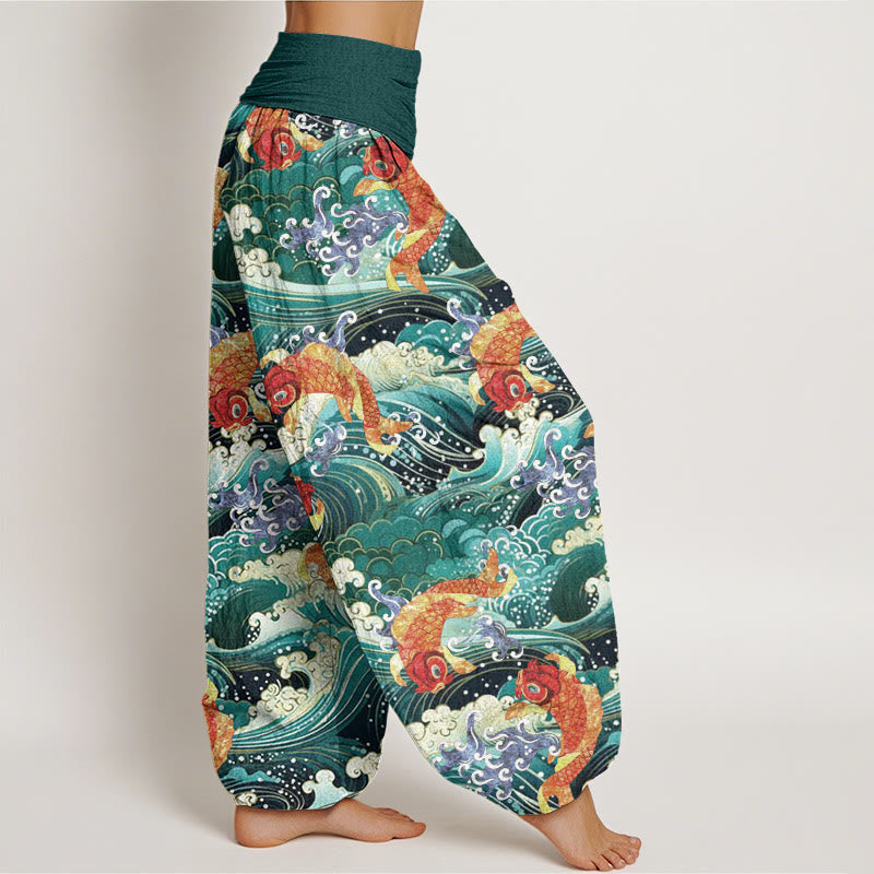 Buddha Stones Casual Koi Fish Ocean Waves Pattern Women's Elastic Waist Harem Pants - image 2
