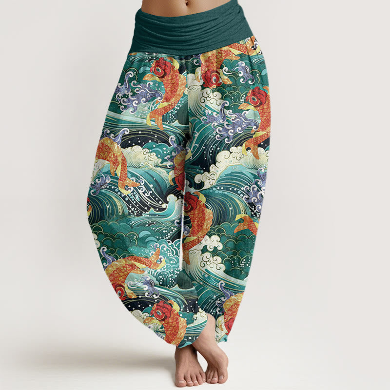 Buddha Stones Casual Koi Fish Ocean Waves Pattern Women's Elastic Waist Harem Pants - Teal - US22，UK/AU26，EU54 (6XL) - image 0