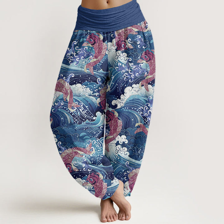 Buddha Stones Casual Koi Fish Ocean Waves Pattern Women's Elastic Waist Harem Pants - DarkBlue - US22，UK/AU26，EU54 (6XL) - image 4